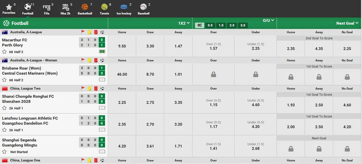 Sports betting screen with football matches and odds markets