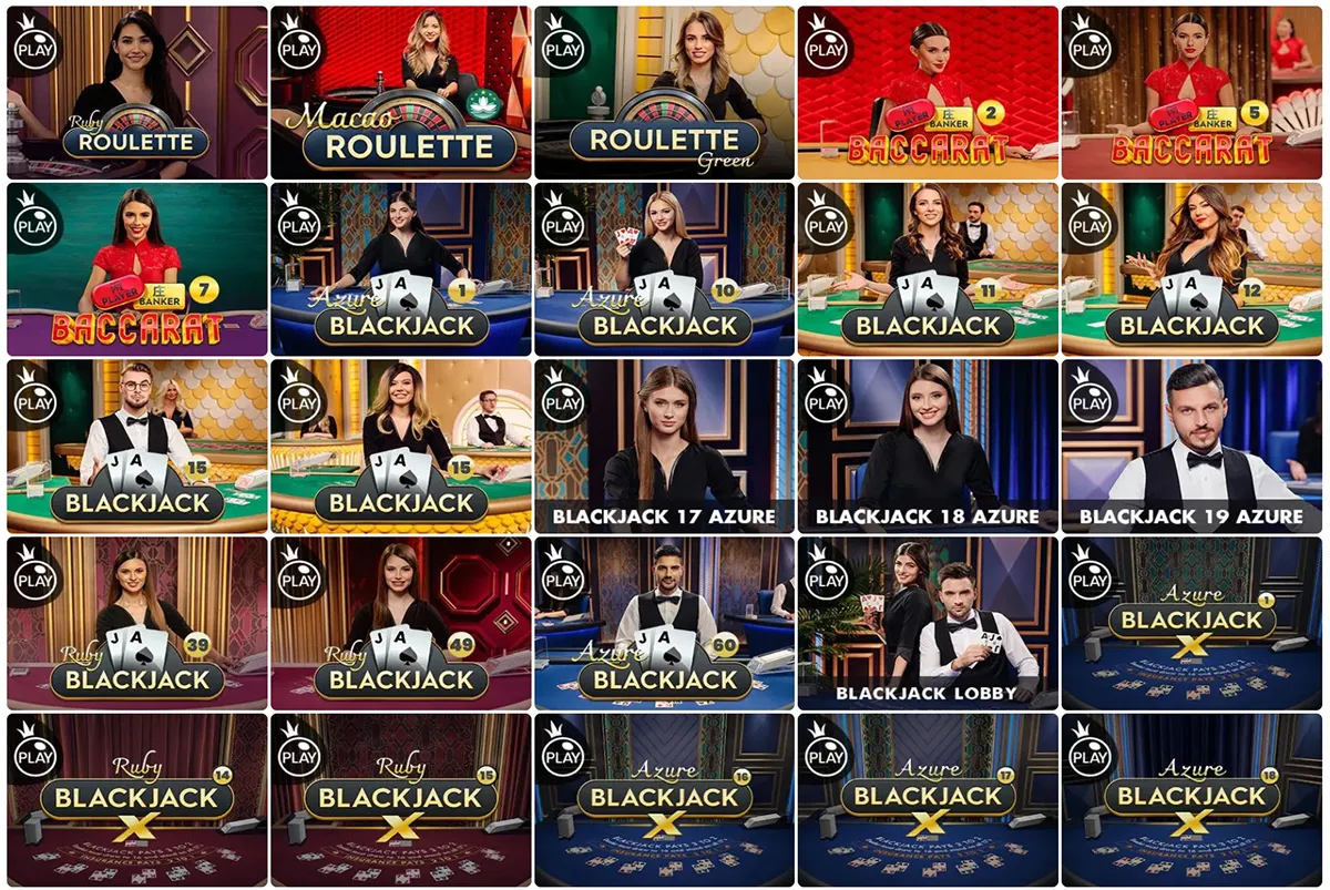 Live casino lobby with roulette, baccarat and blackjack tables