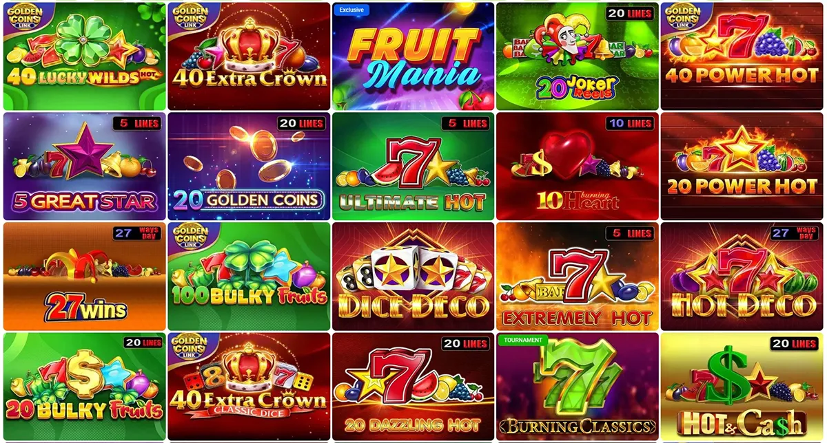 Grid of slot game tiles in the Hulusport casino lobby